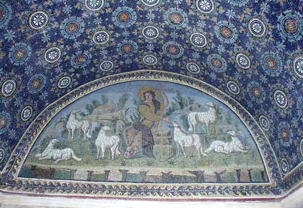 Христос Добрый пастырь. Мозаика северного люнета мавзолея Галлы Плацидии в Равенне.